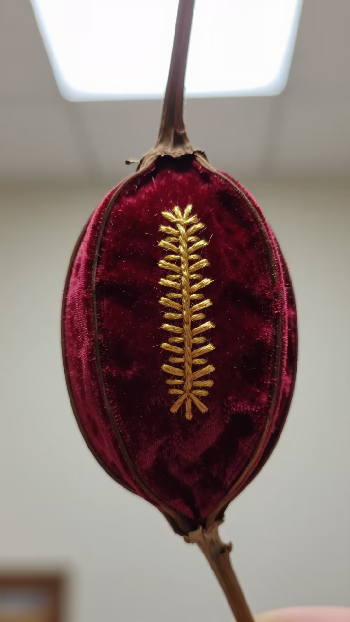 Gold Embroidery Stitches on Velvet Inside Seed Pod in inside a seed pod split open near Coatzacoalcos