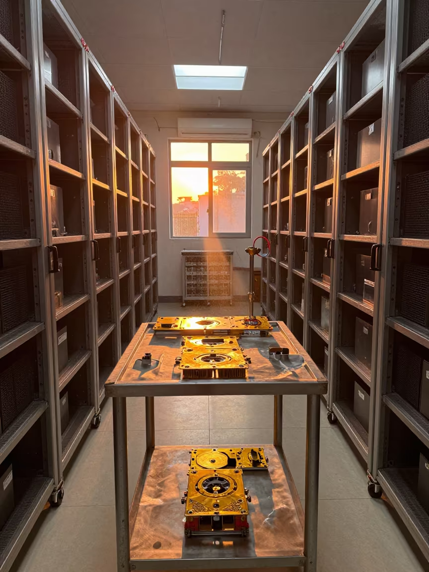 Gold Foiled Satellite Parts on Cart in Pune Archive in in a specimen archive room in Pune