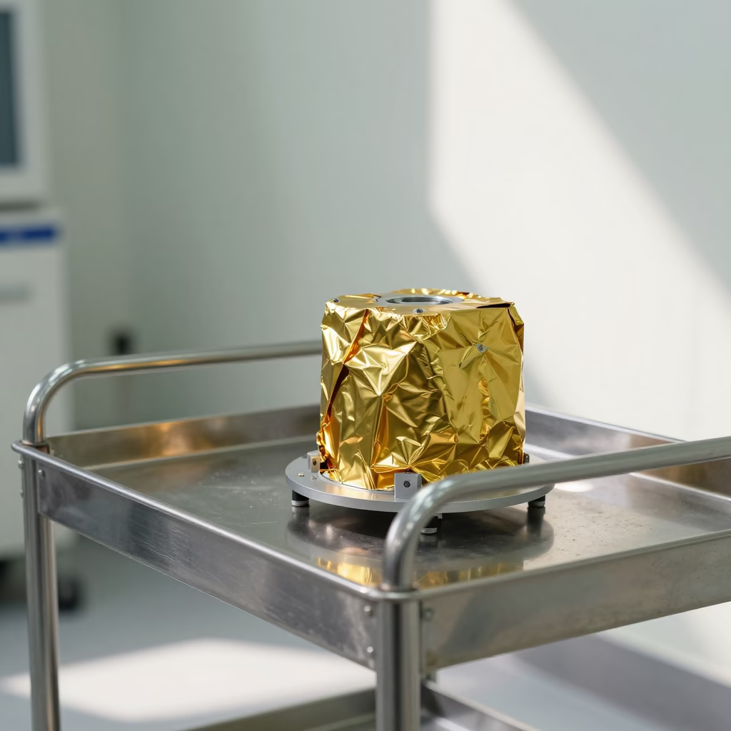 Gold Foiled Satellite Parts on Clean Room Cart in inside a clean room in Ahmedabad