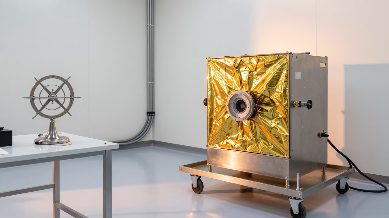 Gold Foiled Satellite Parts on Cart in Brazzaville Clean Room in inside a clean room prep bay with lint-free mats and sealed doors in Brazzaville