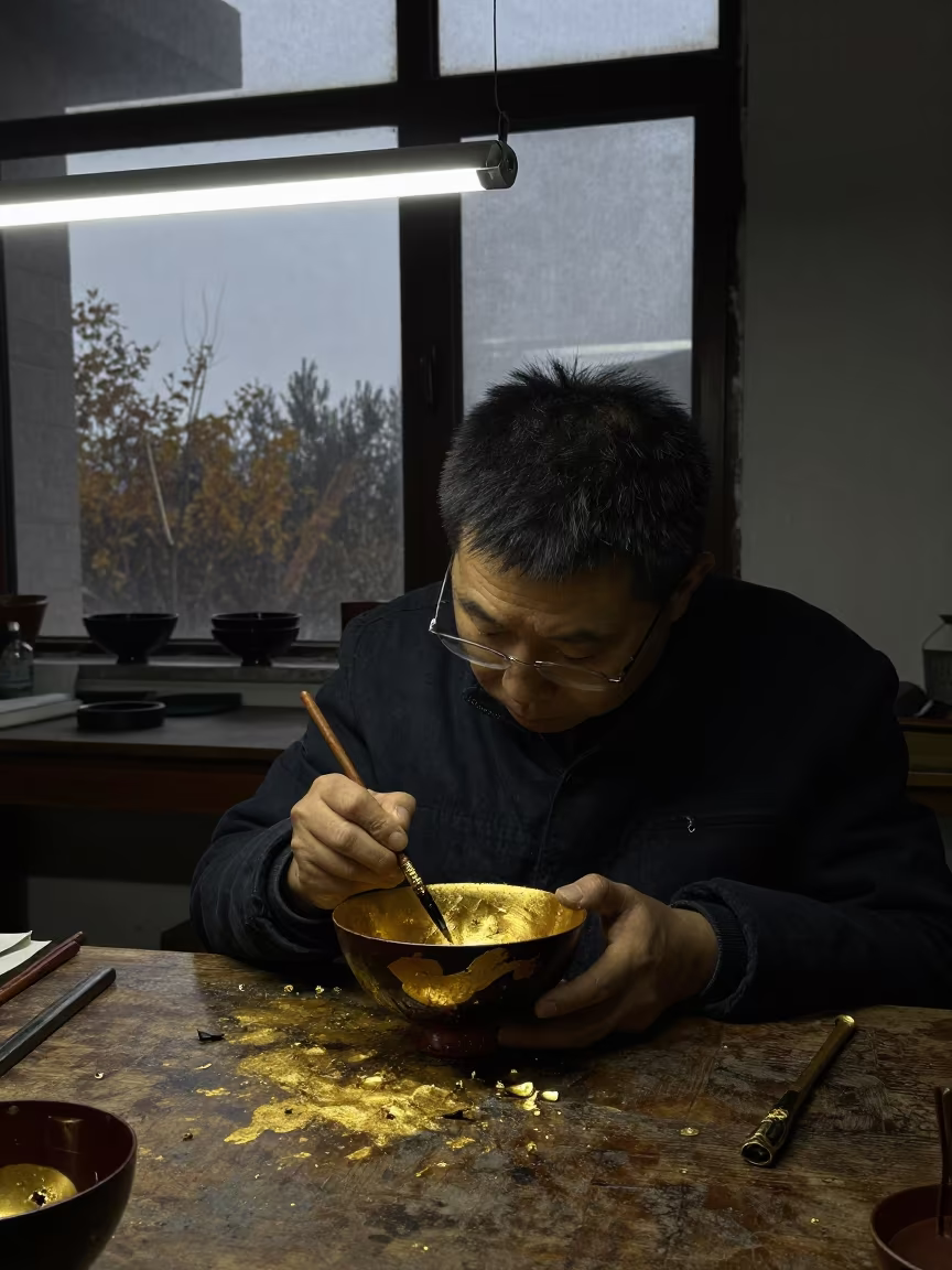 Gold Leaf Artist in Taiyuan Workshop Night in in Taiyuan