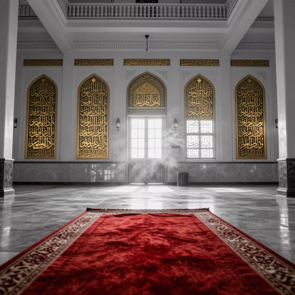 Gold Leaf Calligraphy Monochrome Mosque Prayer Wall in in a mosque prayer hall in Windhoek