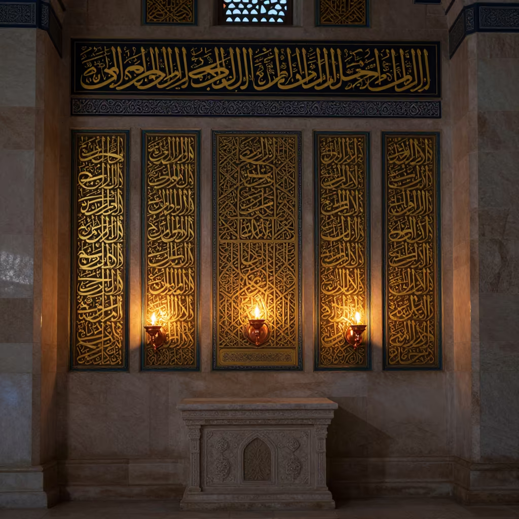 Gold Leaf Calligraphy Panels on Mosque Prayer Wall in at the foot of a stone altar in Medina, Marrakech