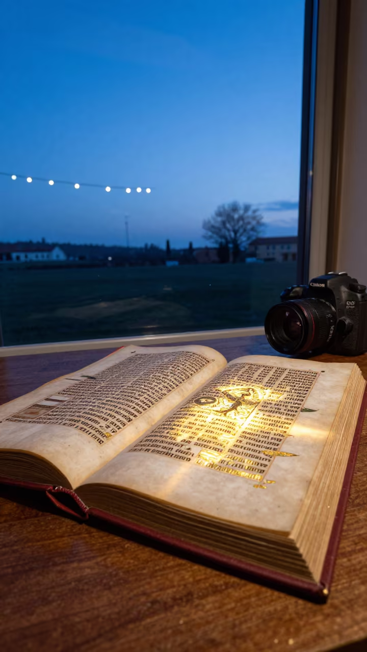 Gold Leaf Manuscript on Wood Bench in on a wooden workbench near Ravenna