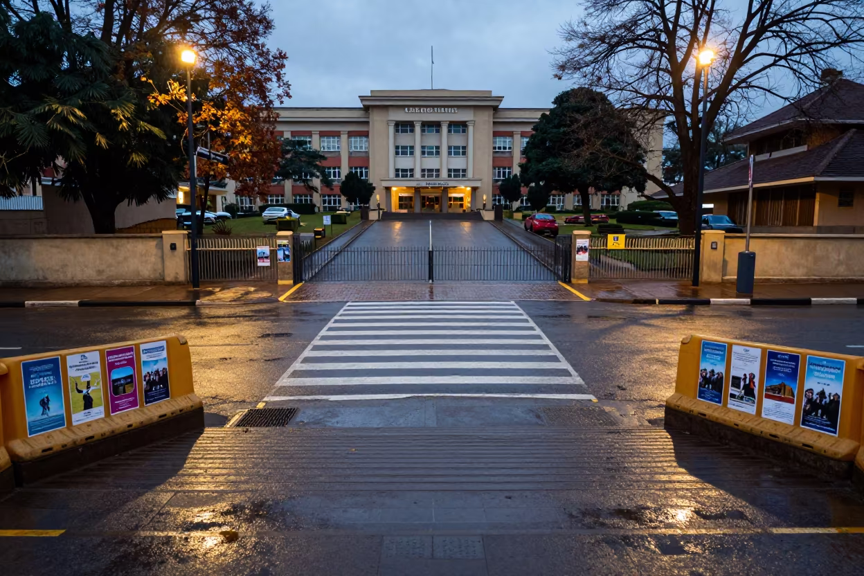 Gold Light on Gaborone Civic Stairs Before Dawn in at a crosswalk by a school gate in Gaborone