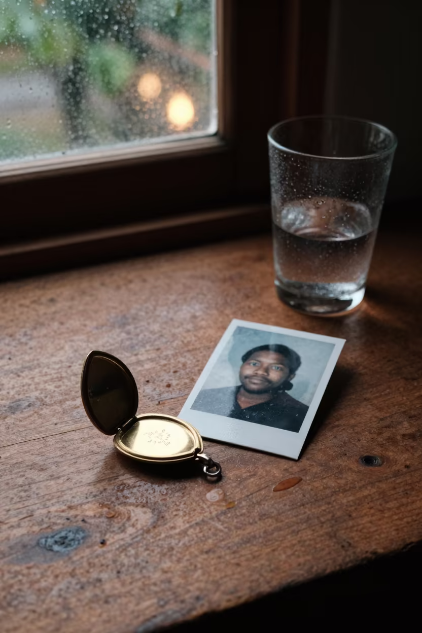 Gold Locket Opened Beside Faded Portrait in on a wooden workbench in Port Moresby