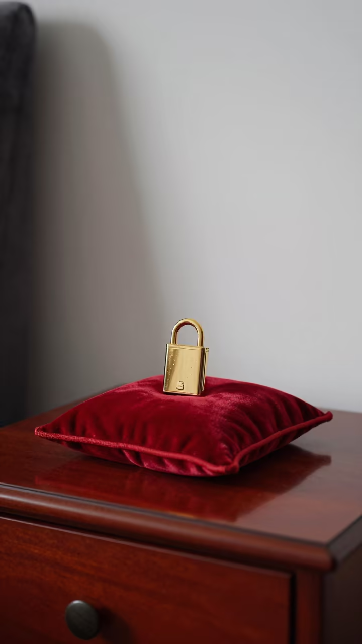 Gold Locket on Velvet Pad in Shanghai Bedroom in on a bedside table in Shanghai