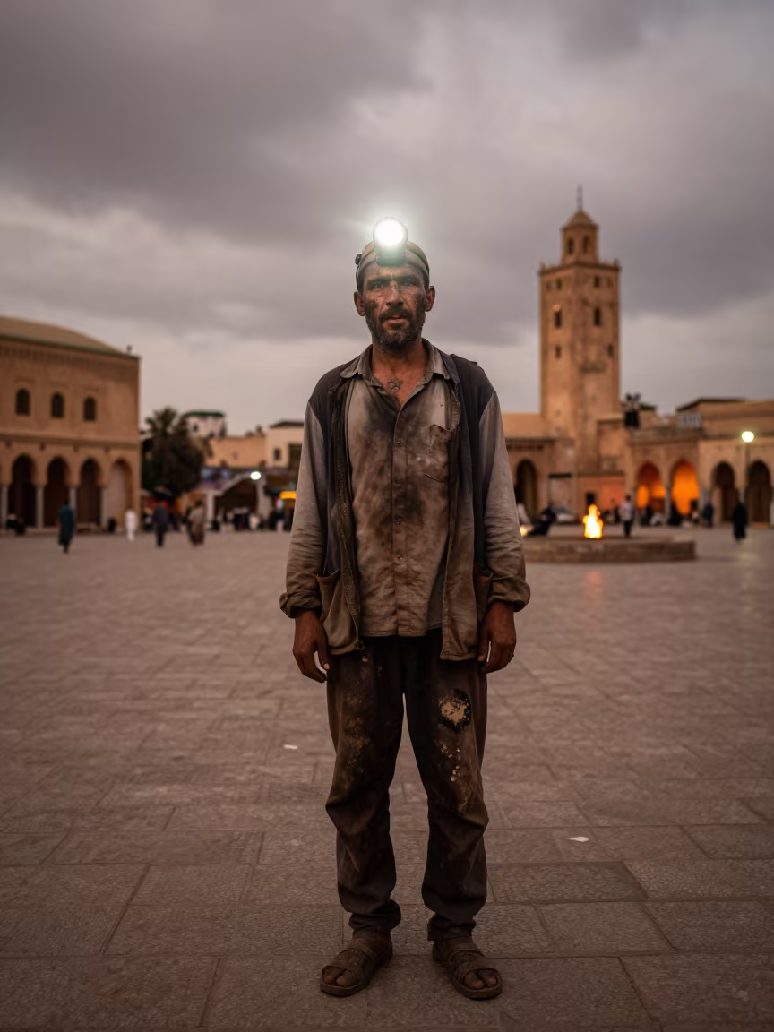 Gold Miner Portrait in Meknes Square in at a public square in Meknes