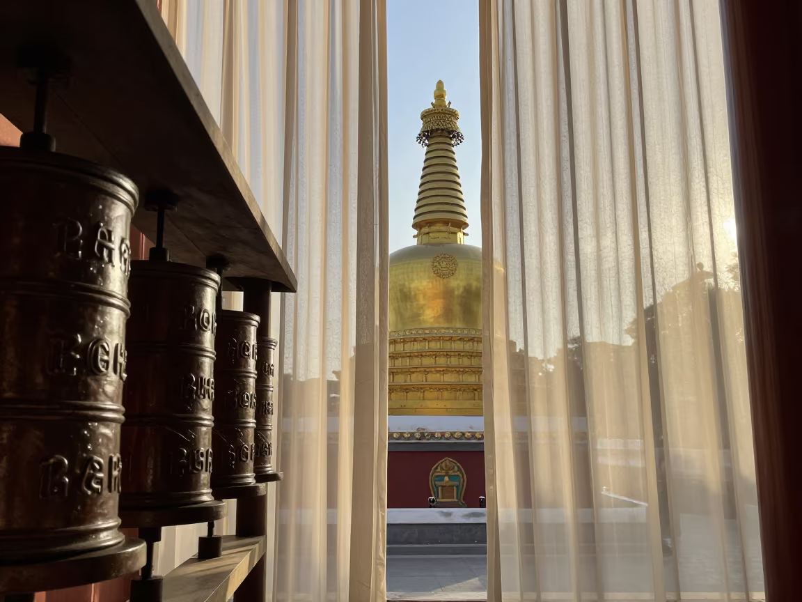 Gold Pagoda Spire Dawn Light Hohhot Temple in beside a prayer wheel corridor in Hohhot