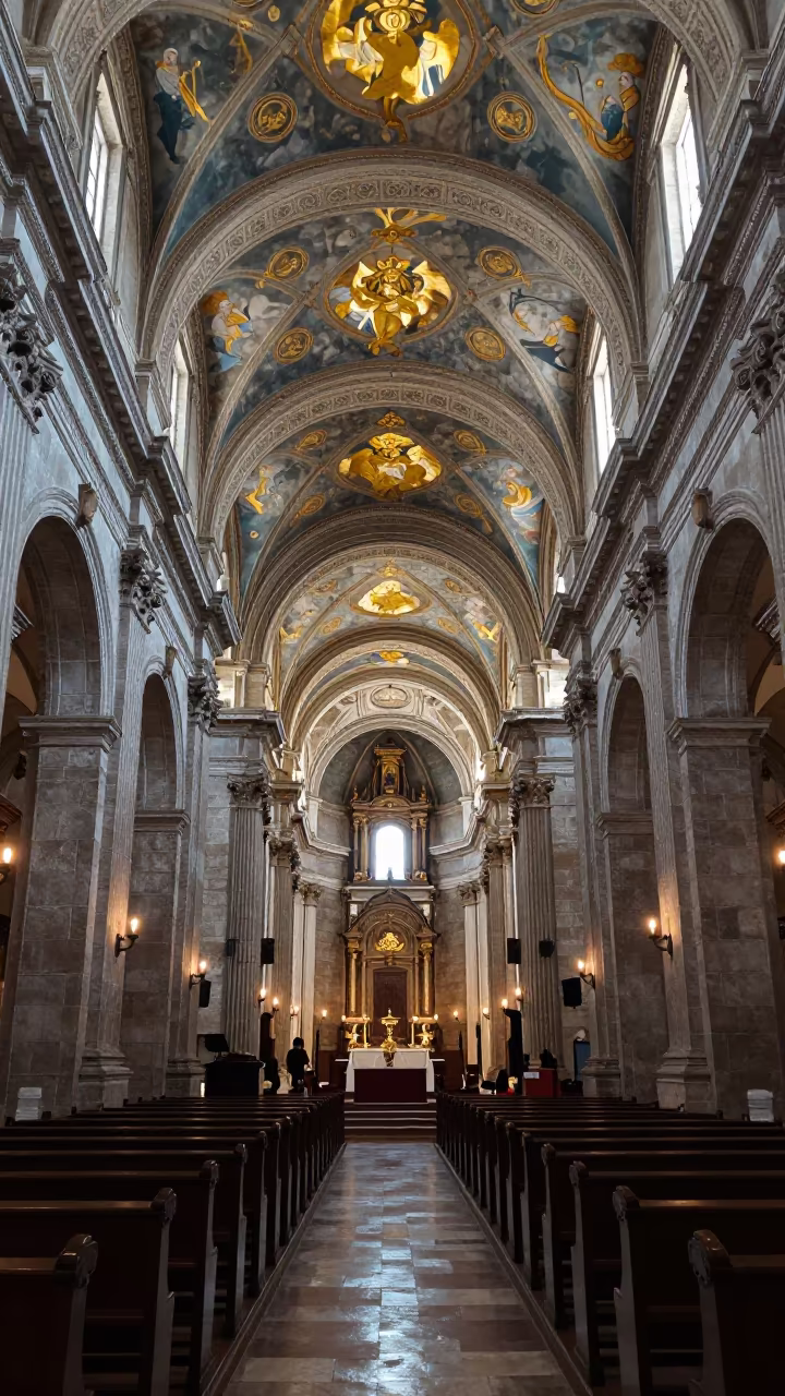 Gold Painted Dome Figures in Candlelit Basilica in inside a candlelit nave in San Fernando de Apure
