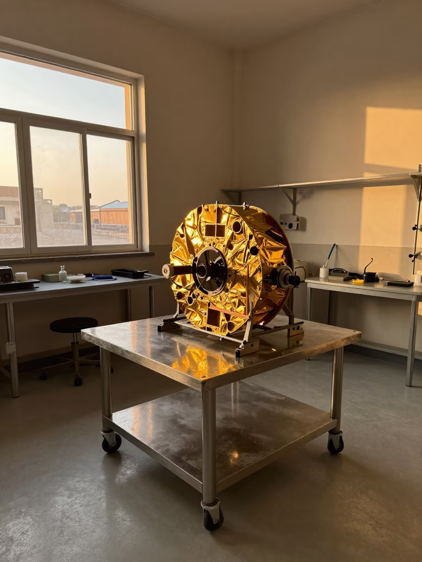 Gold Satellite Parts on Cart in Fossil Lab in in a fossil prep lab near Oujda