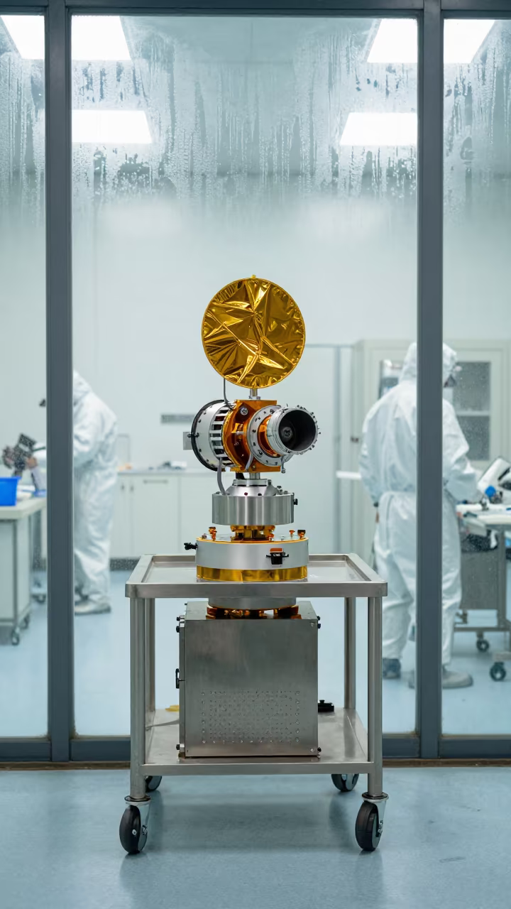 Gold Satellite Parts on Clean Room Cart in inside an observatory control room in Zhengzhou