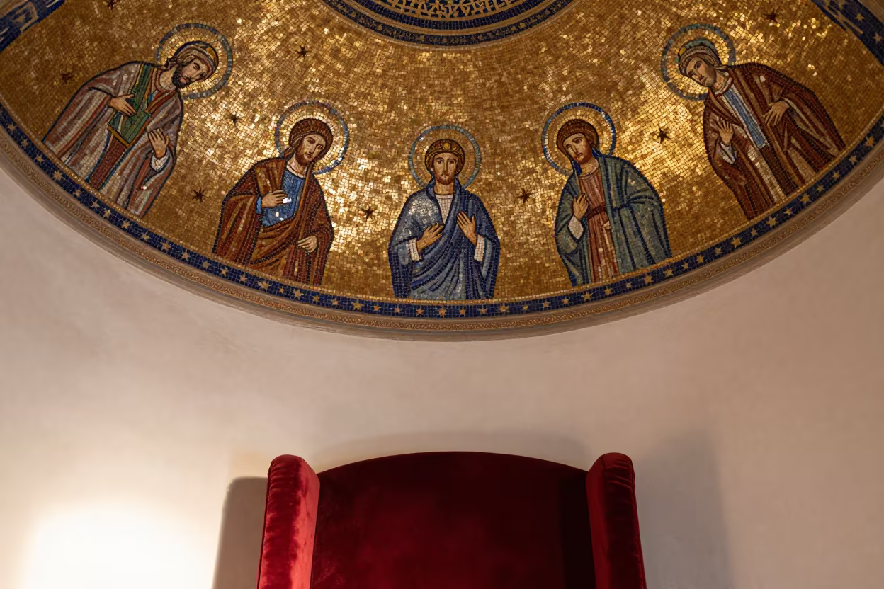 Gold Star Mosaic Ceiling Detail on Velvet Chair in on a velvet chair in Sanaa