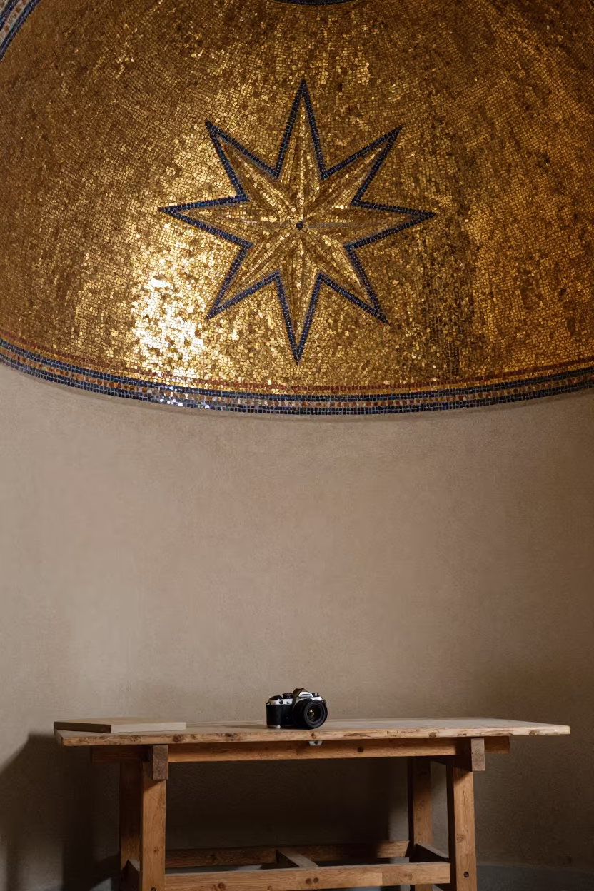 Gold Star Mosaic Ceiling Detail on Workbench in on a wooden workbench near Pedro Juan Caballero