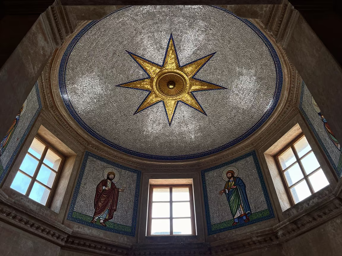 Gold Star Saints Mosaic Ceiling Dawn Light Lahore in on a painted display ledge near Lahore