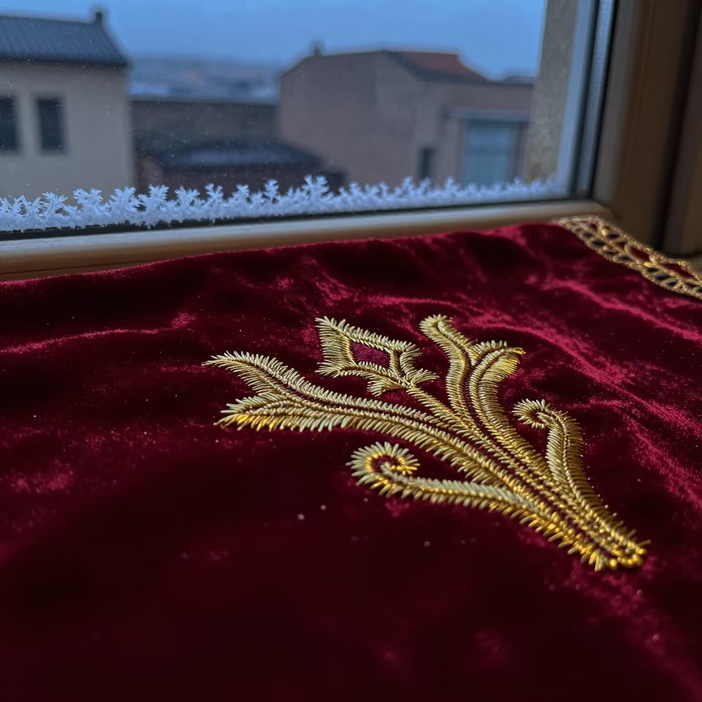 Gold Thread Embroidery on Velvet in Evening Light in along a frost-edged windowpane in Sidi Bel Abbès
