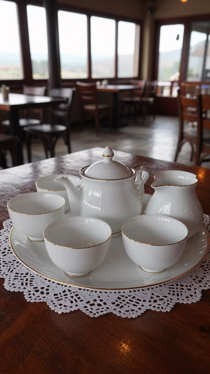 Gold Trim Porcelain Tea Set on Lace Doily in on a cafe table by a window in Bahir Dar