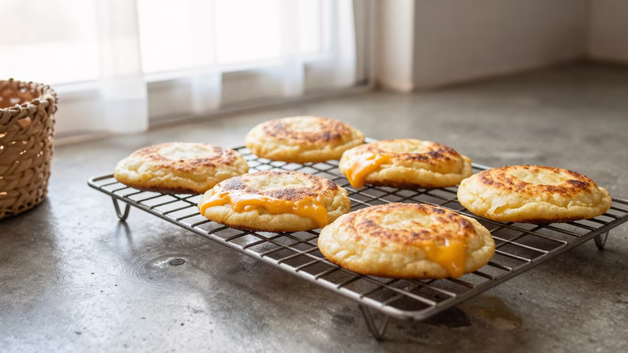 Golden Arepas Cheese Filling Bakery Rack in on a bakery cooling rack in Santiago