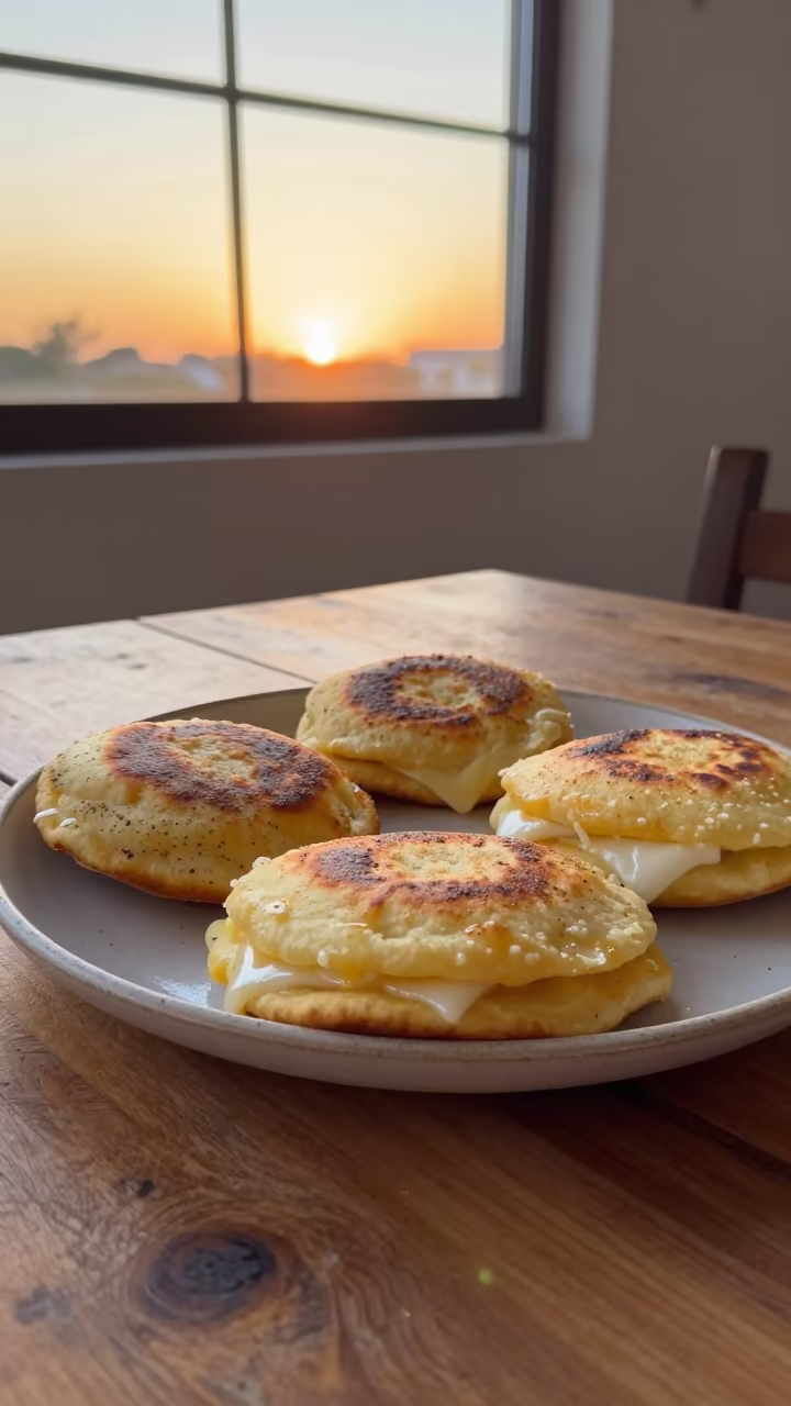 Golden Arepas Stuffed with Cheese on Rustic Table in on a rustic wooden table in Houston