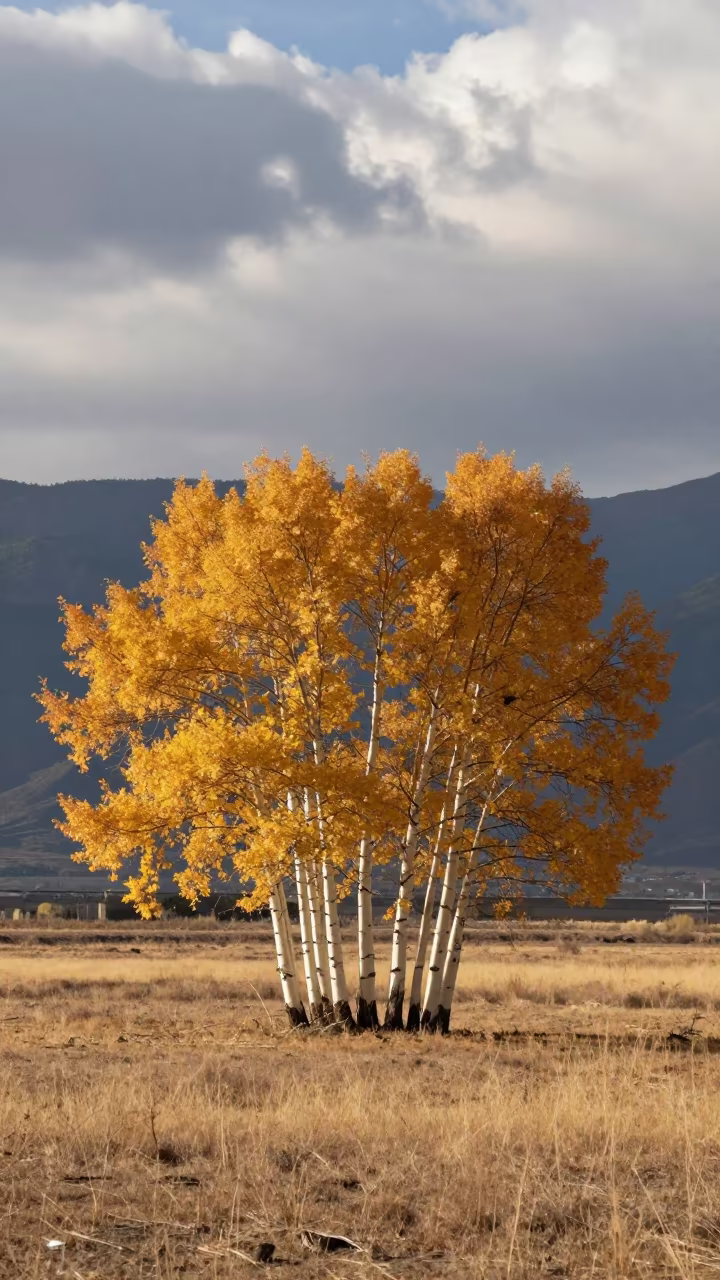 Golden Aspen Grove in Dry Meadow Light in in a bloom-heavy meadow near Ciudad del Carmen