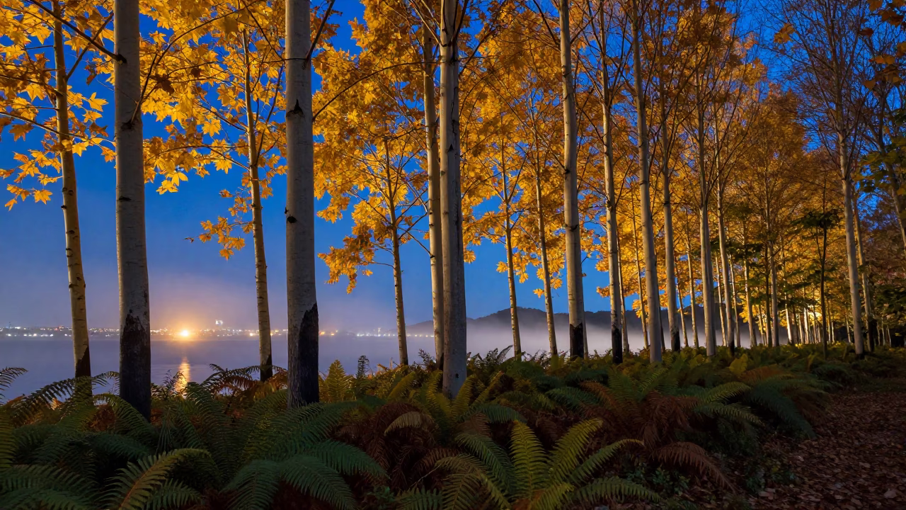 Golden Aspen Silhouettes Against Panama City Lights in on a fern-lined forest floor in Panama