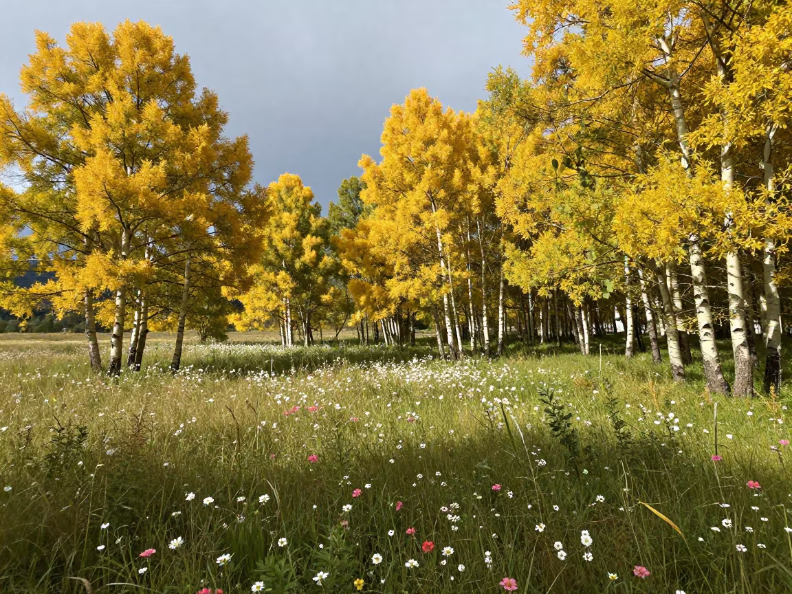 Golden Aspens in Chingola Monsoon Meadow in in a bloom-heavy meadow near Chingola