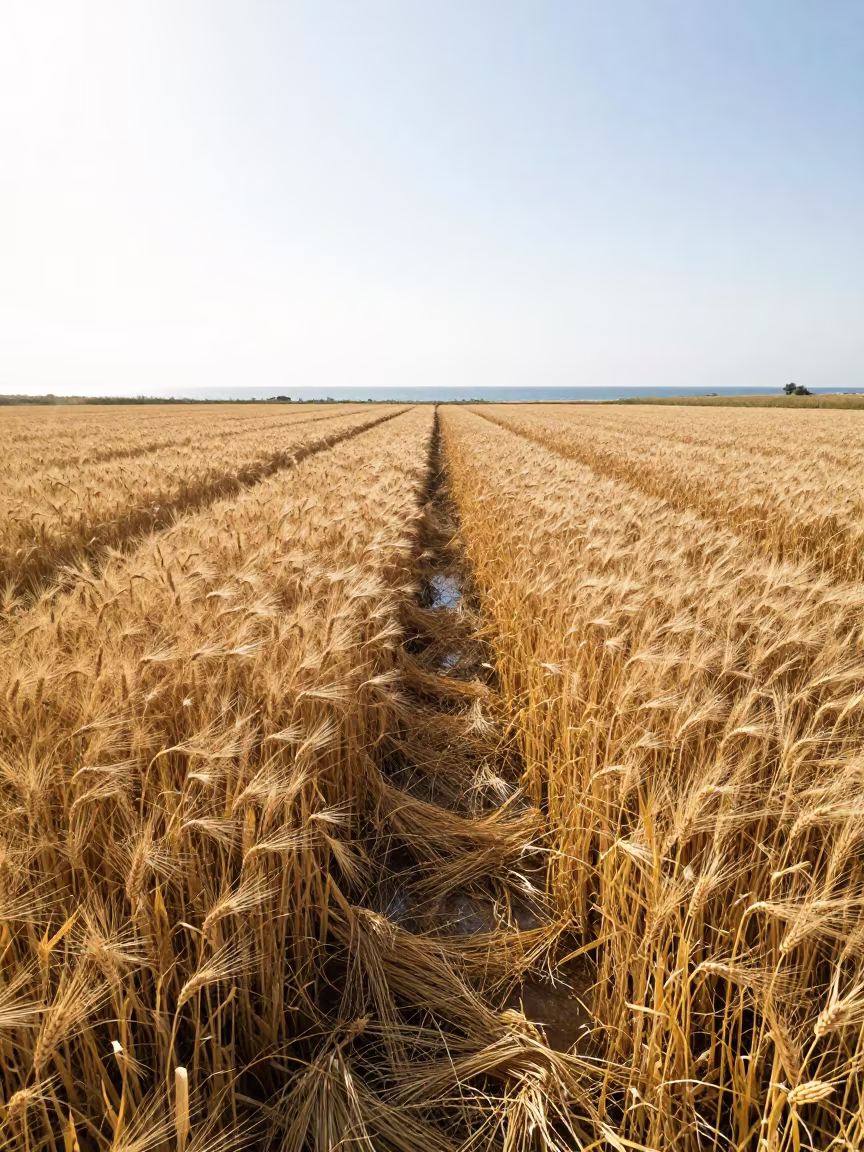 Golden Barley Field Under Coastal Glare in Taranto in across a harvested grain field in Taranto