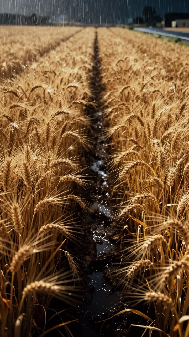 Golden Barley Field Night Rim Light Dubai in along freshly irrigated rows near Dubai