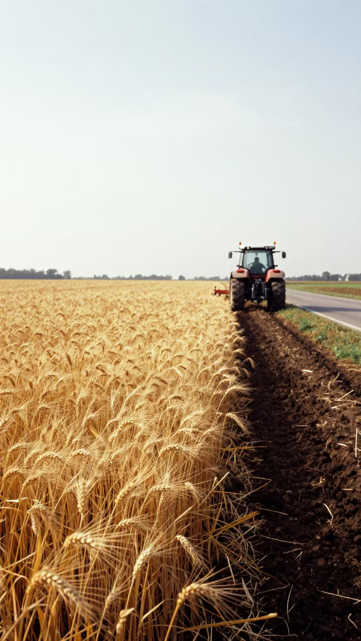 Golden Barley Field Beside Rural Road Hungary in beside a tractor track through dark soil in Hungary