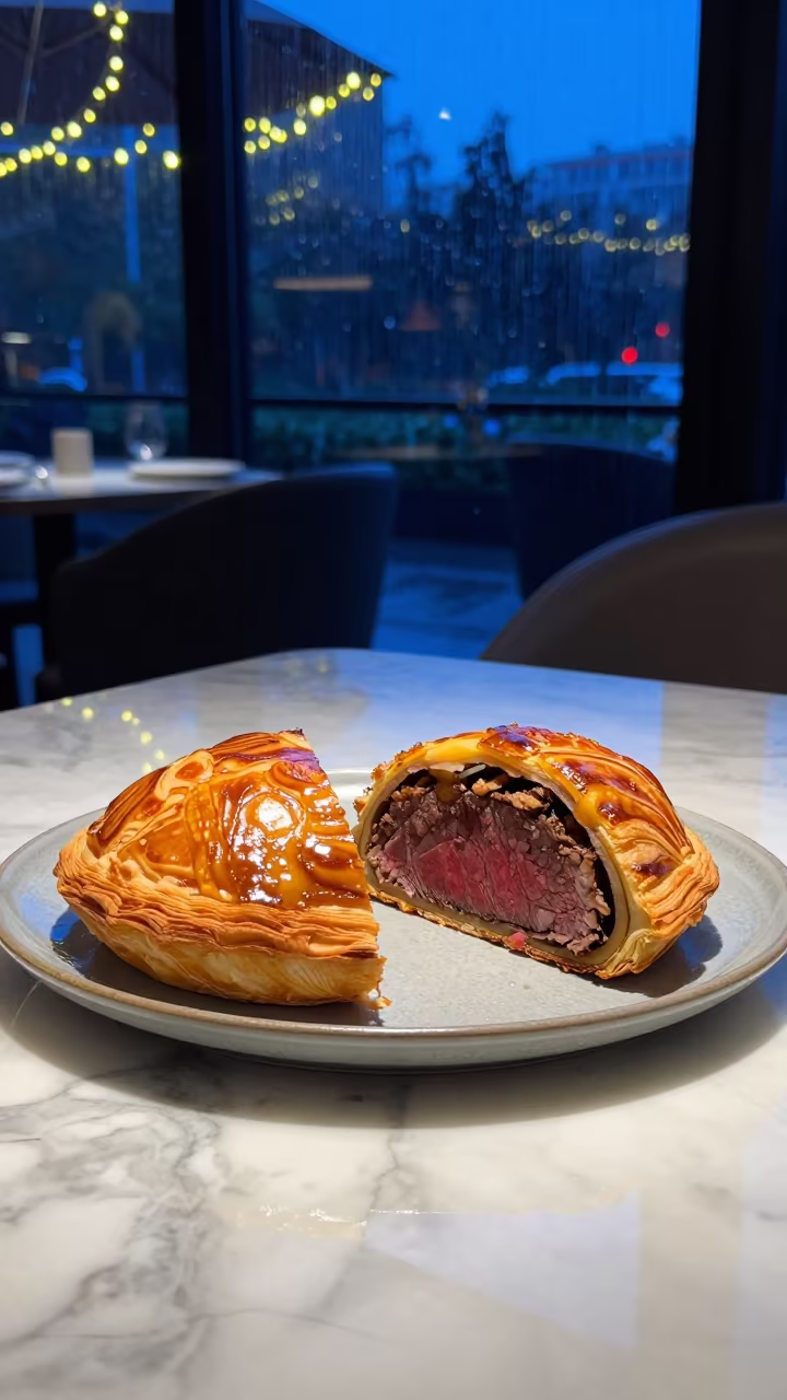 Golden Beef Wellington on Marble Cafe Table in on a marble cafe table in Nanning