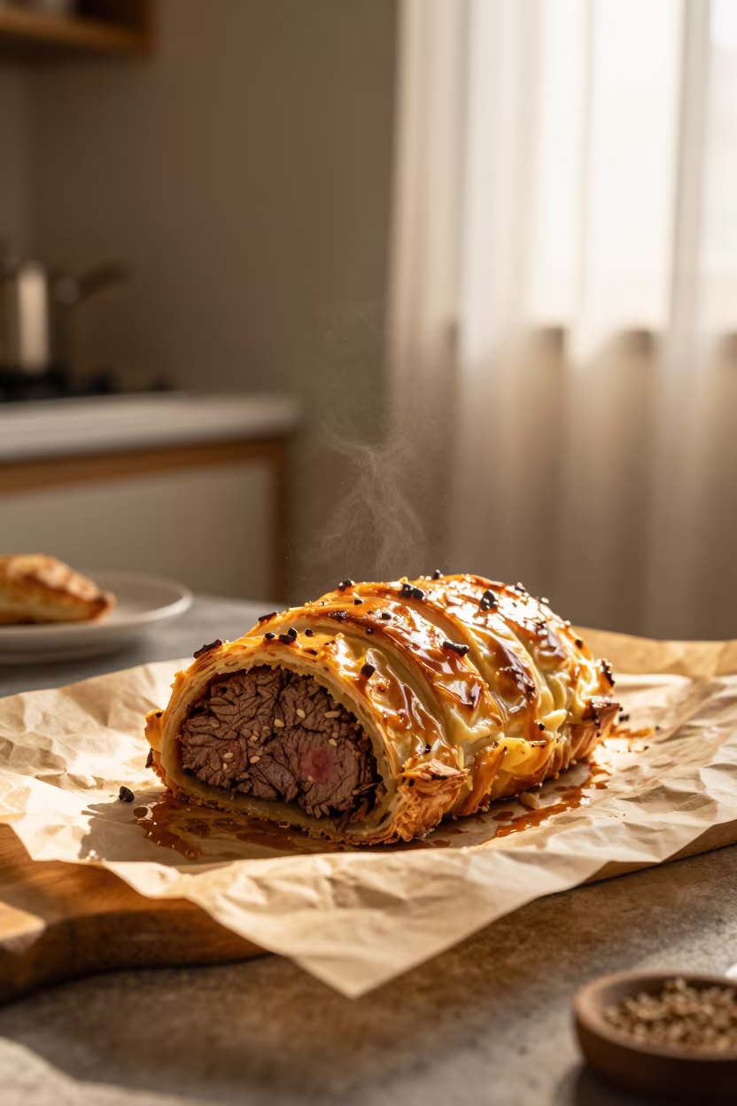 Golden Beef Wellington on Parchment in Delhi Dawn in on a parchment-lined pastry tray in Delhi