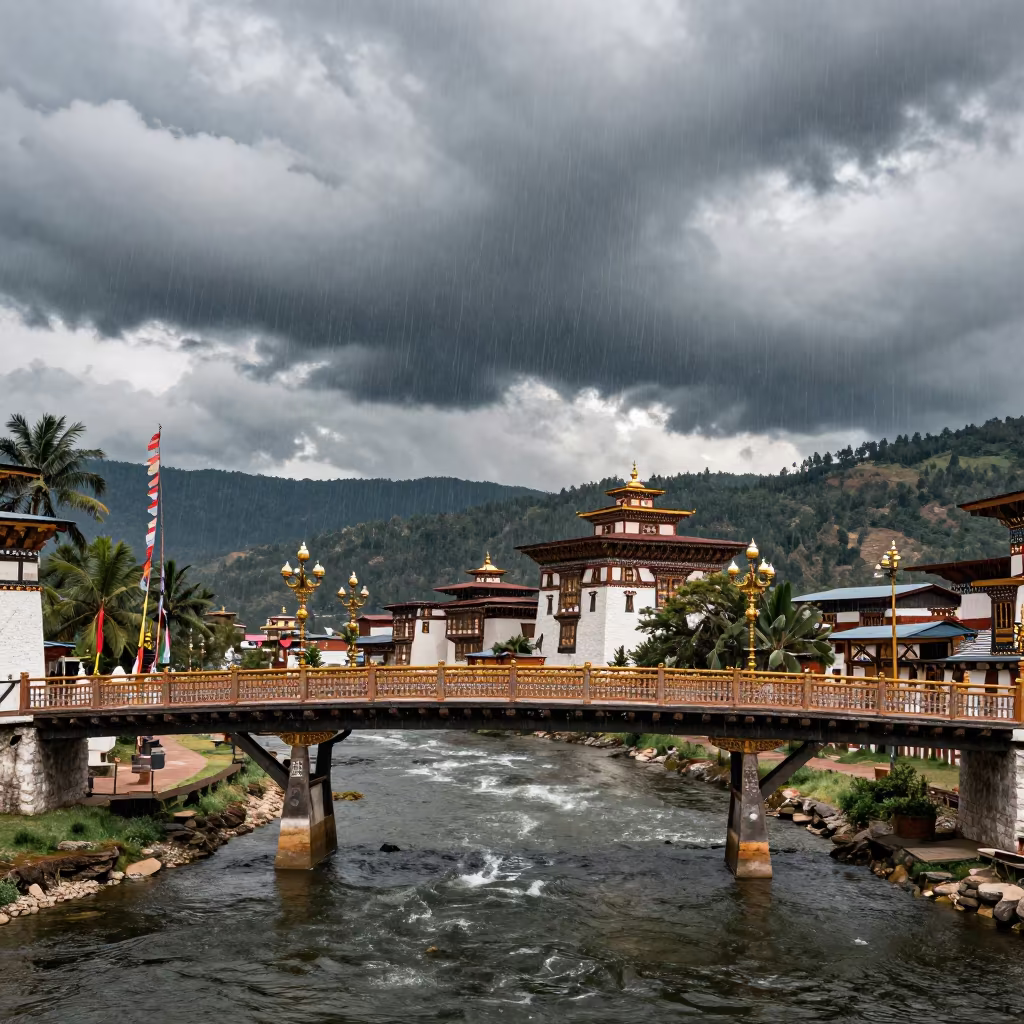 Golden Bridge Over Upward Rain in Bhutan in in a lantern-lined temple precinct in Bhutan