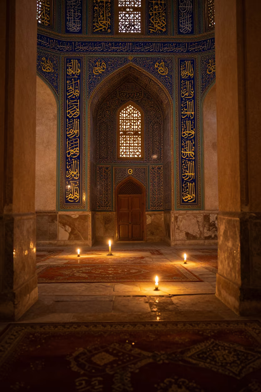 Golden Calligraphy Panels in Isfahan Mosque Nave in inside a candlelit nave in Isfahan