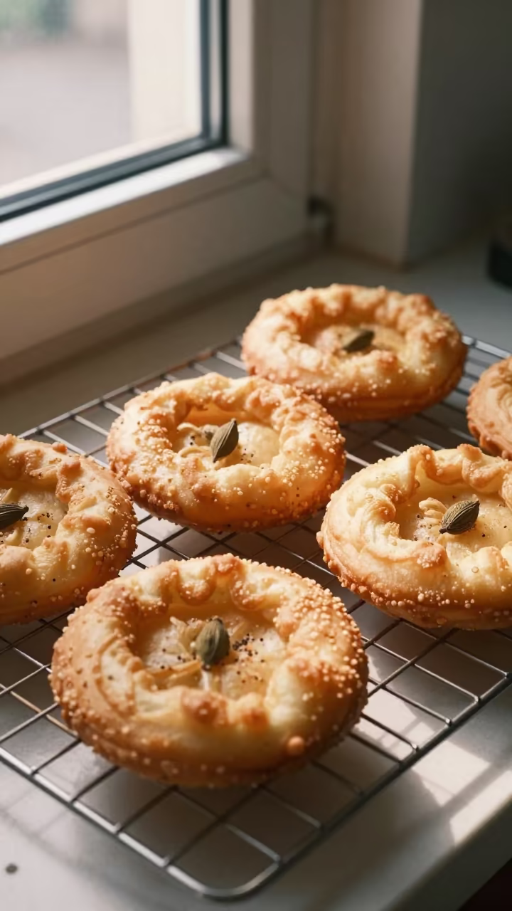 Golden Cardamom Mandazi on Bakery Rack in on a bakery cooling rack in Xining