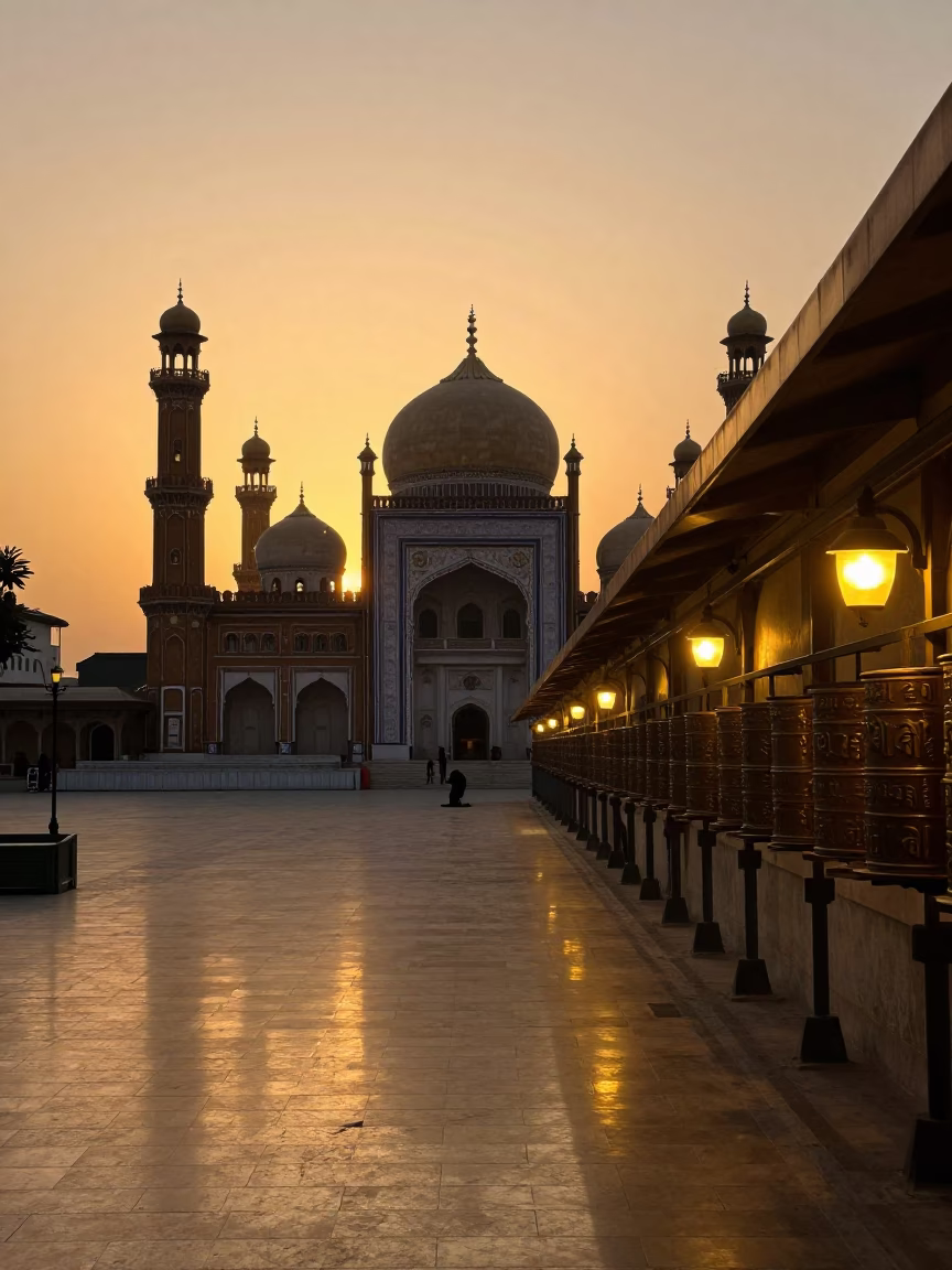 Golden Cathedral Facade in Chakwal Evening Light in beside a prayer wheel corridor in Chakwal