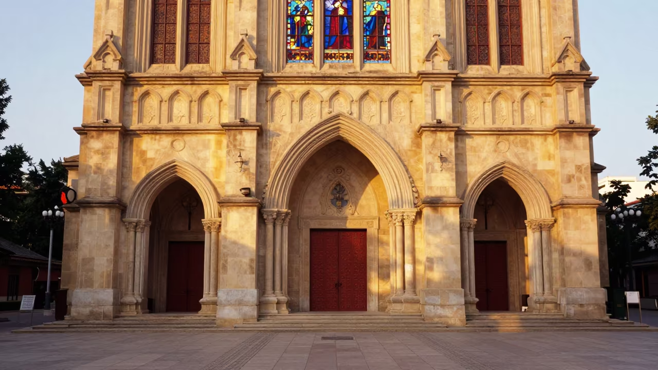 Golden Cathedral Facade in Stained Glass Light in in a chapel lit by stained glass in Kunming
