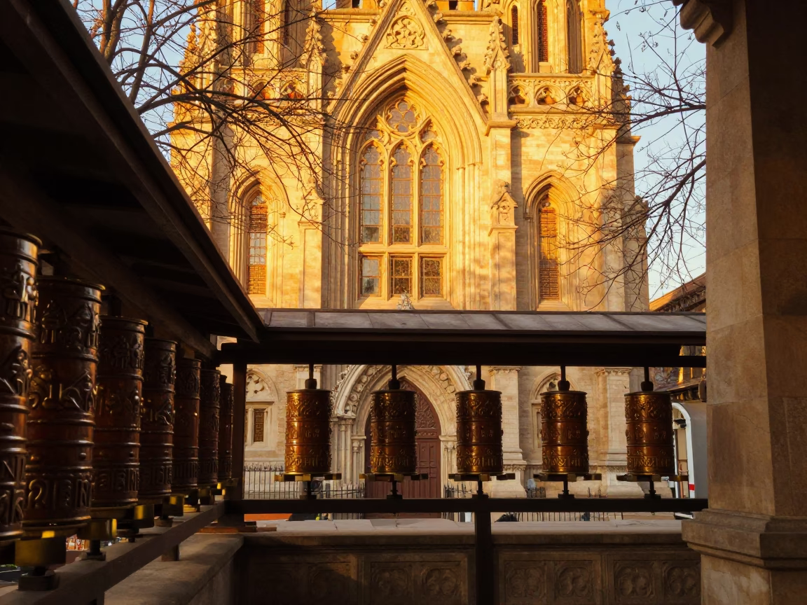Golden Cathedral Facade in Winter Prayer Corridor in beside a prayer wheel corridor in Medina