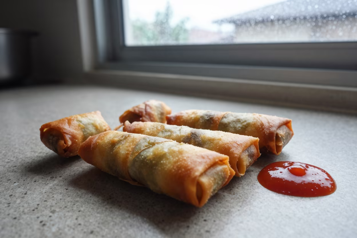 Golden Cebu Lumpia Rolls on Kitchen Counter in on a kitchen worktop in Cebu