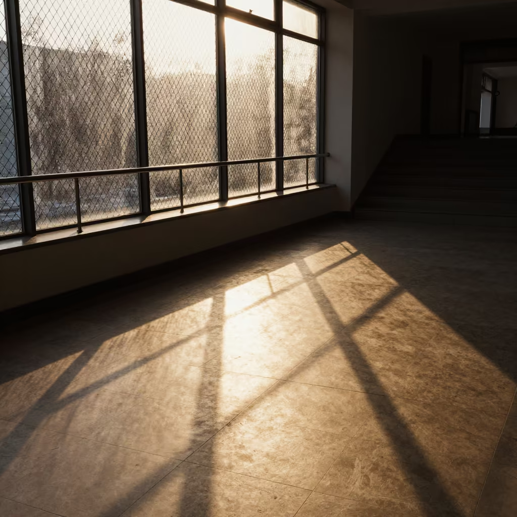 Golden Chain Link Fence Shadow on Tiled Staircase in inside a tiled stair hall in Temperley