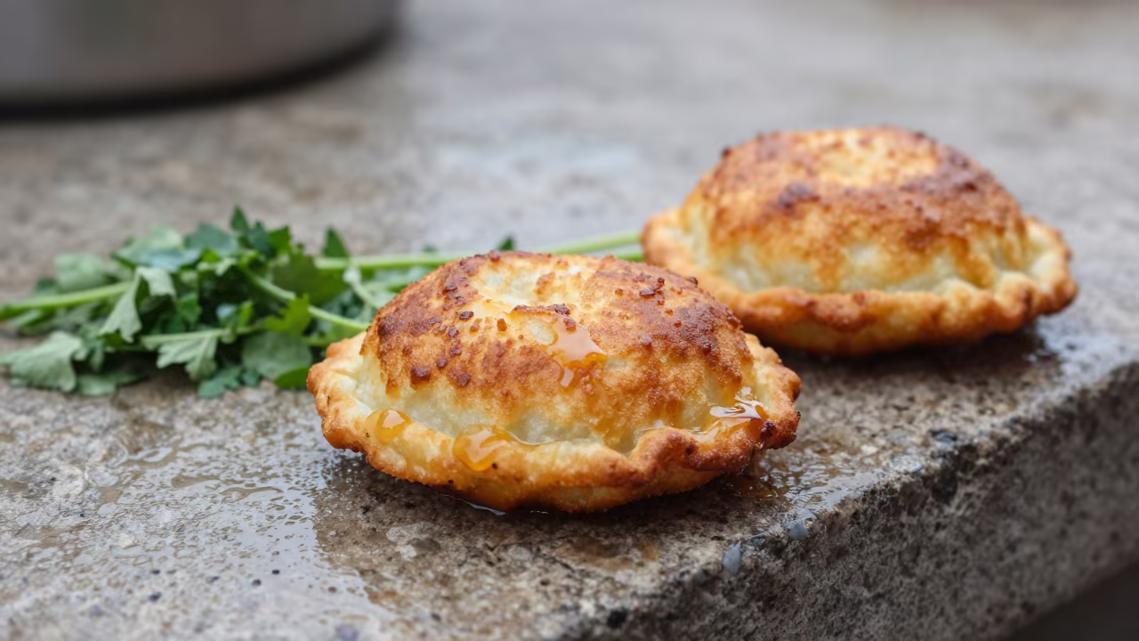 Golden Cheburek Pastry on Stone Ledge in Cali in on a stone ledge in Cali