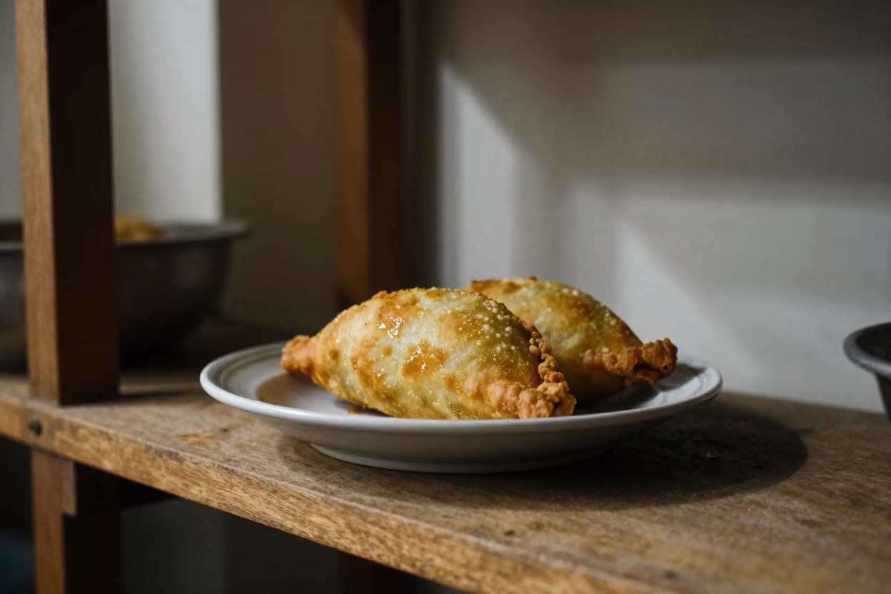 Golden Cheburek Pastry on Workshop Shelf in on a workshop shelf in Gaya