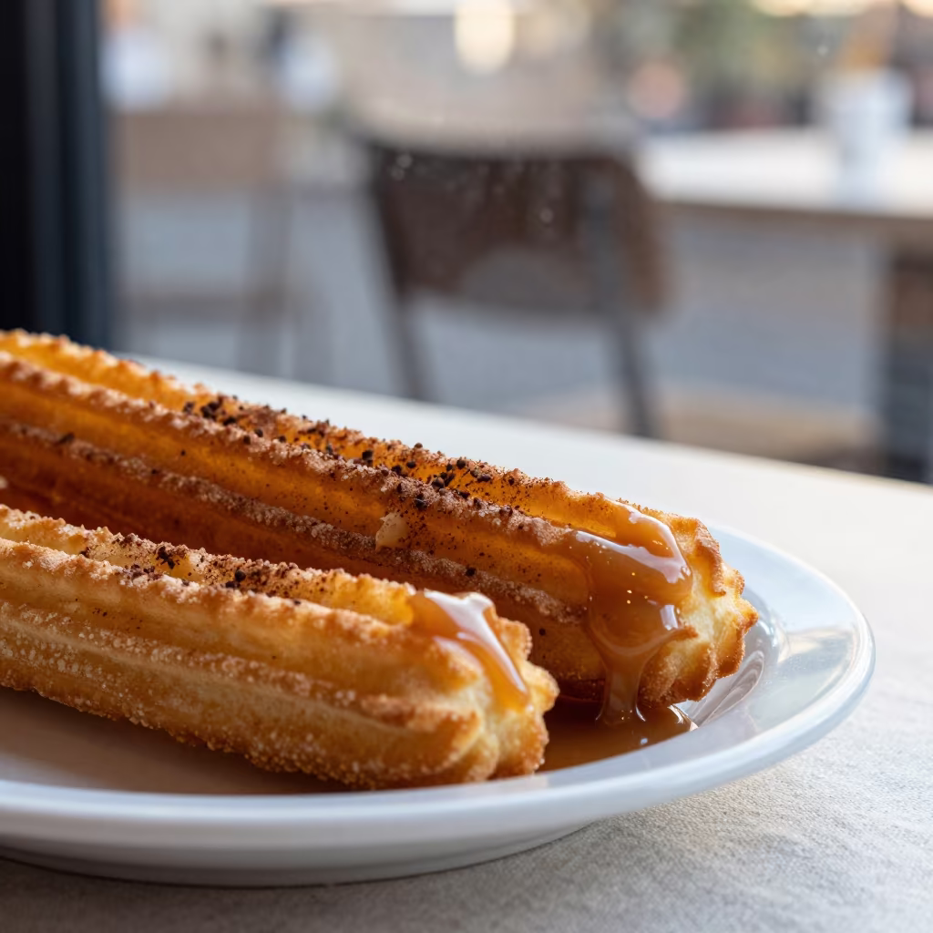 Golden Churros With Dulce De Leche Dawn Light in on a linen-covered restaurant table in Johannesburg