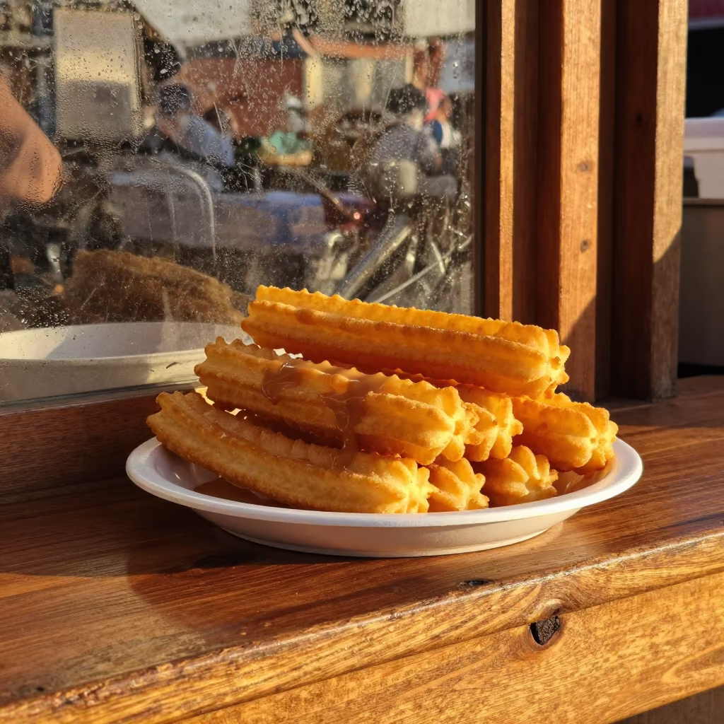 Golden Churros with Dulce De Leche at Luena Market in at a market stall counter in Luena