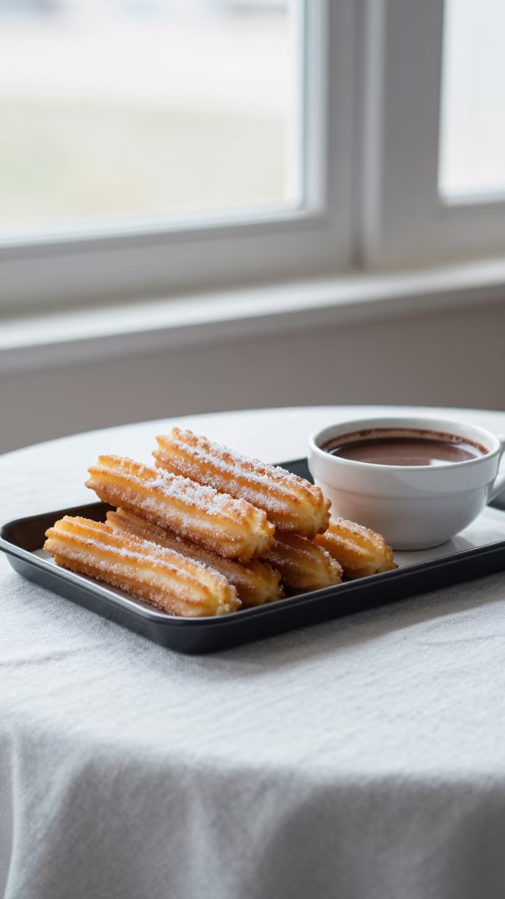 Golden Churros and Thick Chocolate Bouake in on a linen-covered restaurant table in Bouake