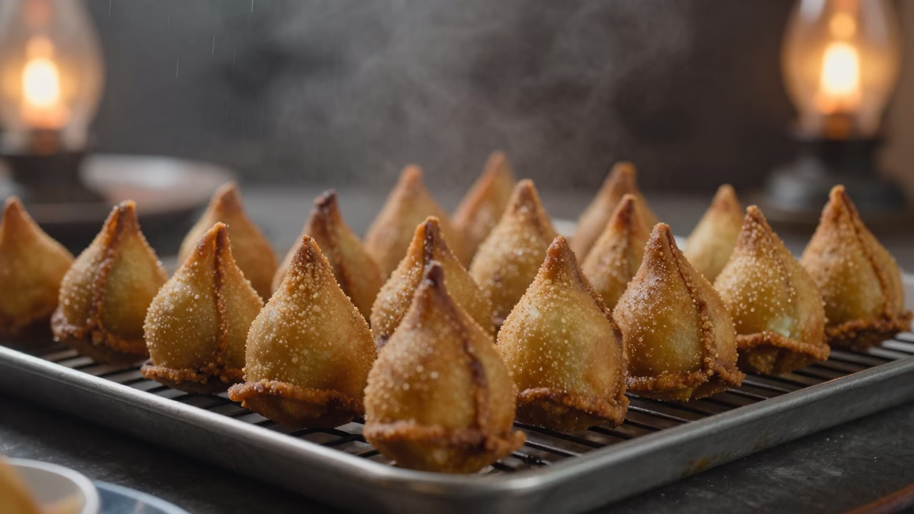 Golden Coxinhas on Bakery Rack in Calabar in on a bakery cooling rack in Calabar