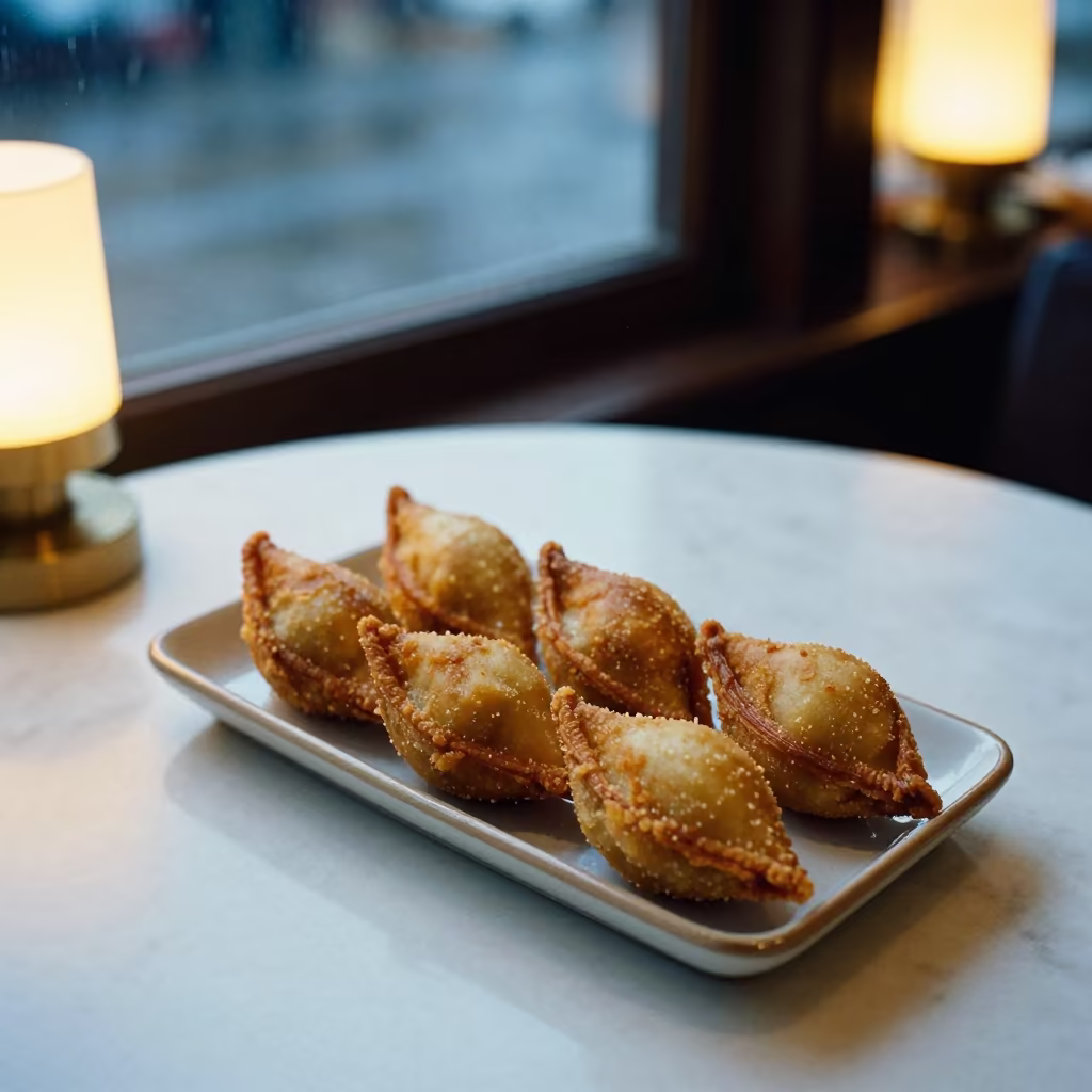 Golden Coxinhas Resting on Marble in Dire Dawa in on a marble cafe table in Dire Dawa