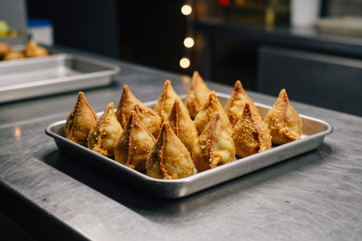 Golden crispy coxinhas on kitchen worktop at night in on a kitchen worktop in Taloqan