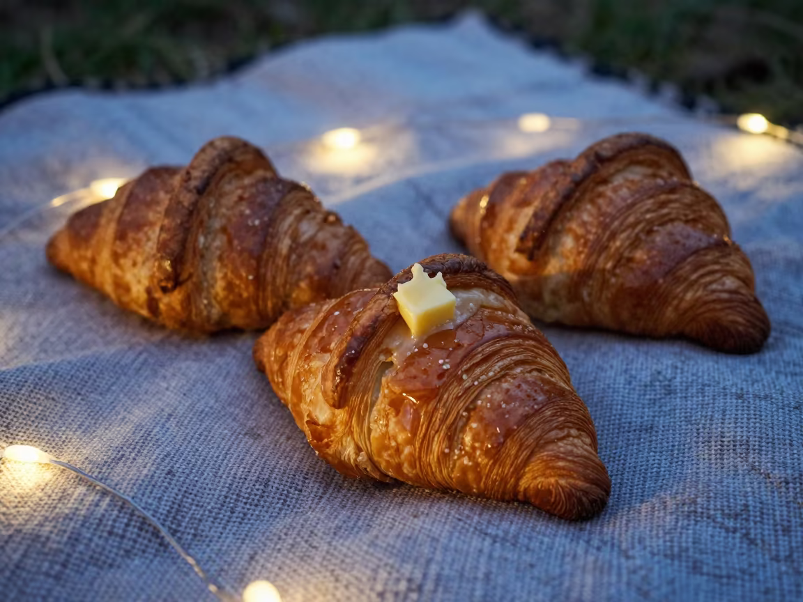 Golden Croissants with Butter on Picnic Blanket in on a picnic blanket in Dusseldorf