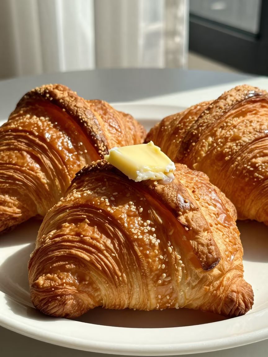 Golden Croissants Butter Window Light Vegas in on a ceramic plate by a window in Las Vegas