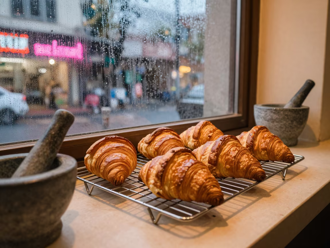 Golden Croissants on Bakery Rack with City Lights in on a bakery cooling rack in Ludhiana